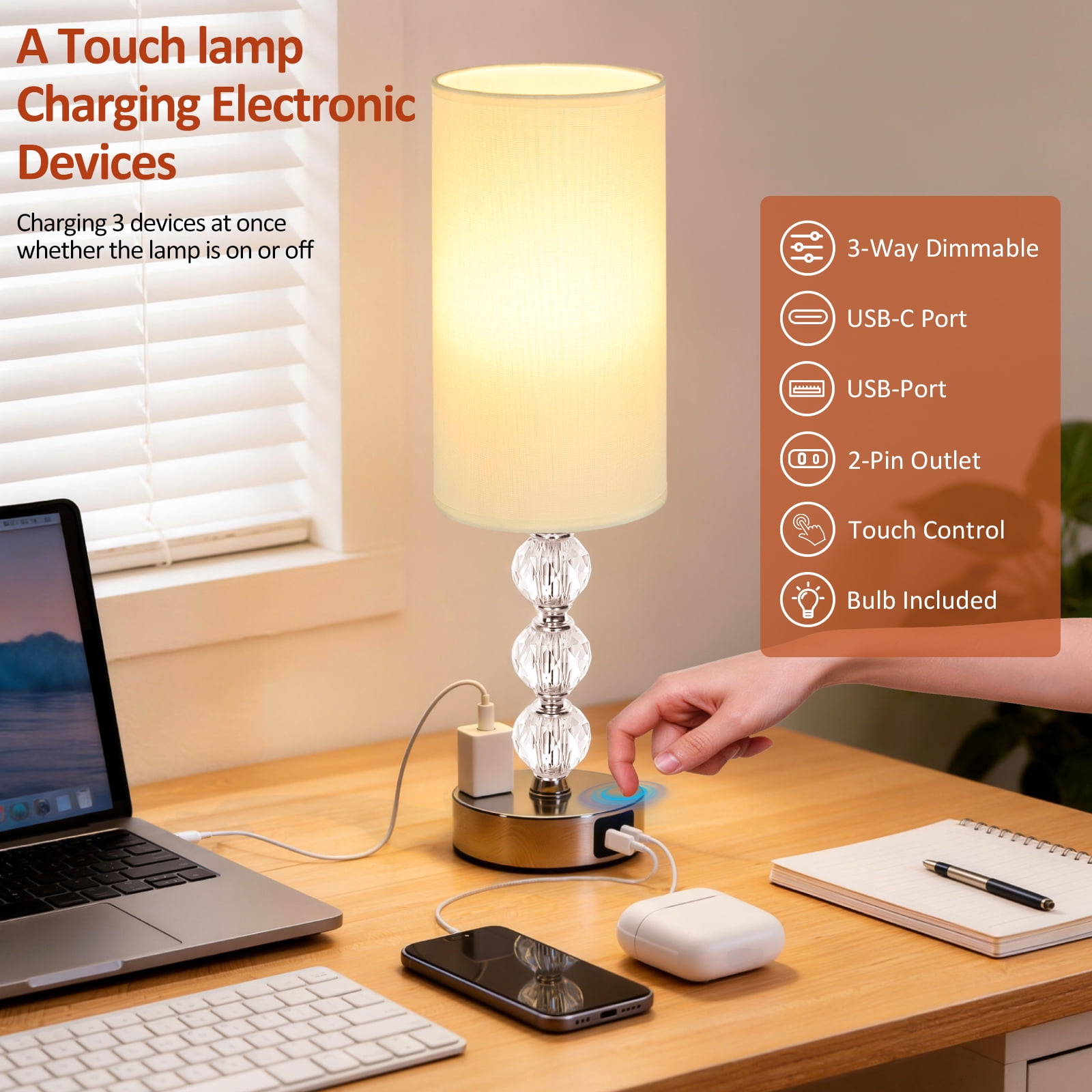 Crystal Table Lamps for Bedroom 17.9", 3 Way Dimmable Touch Control Bedside Lamp with USB C+A Fast Charging Ports, Nightstand Lamp for Office, Living Room, Reading(E26 Light Bulb Included), White