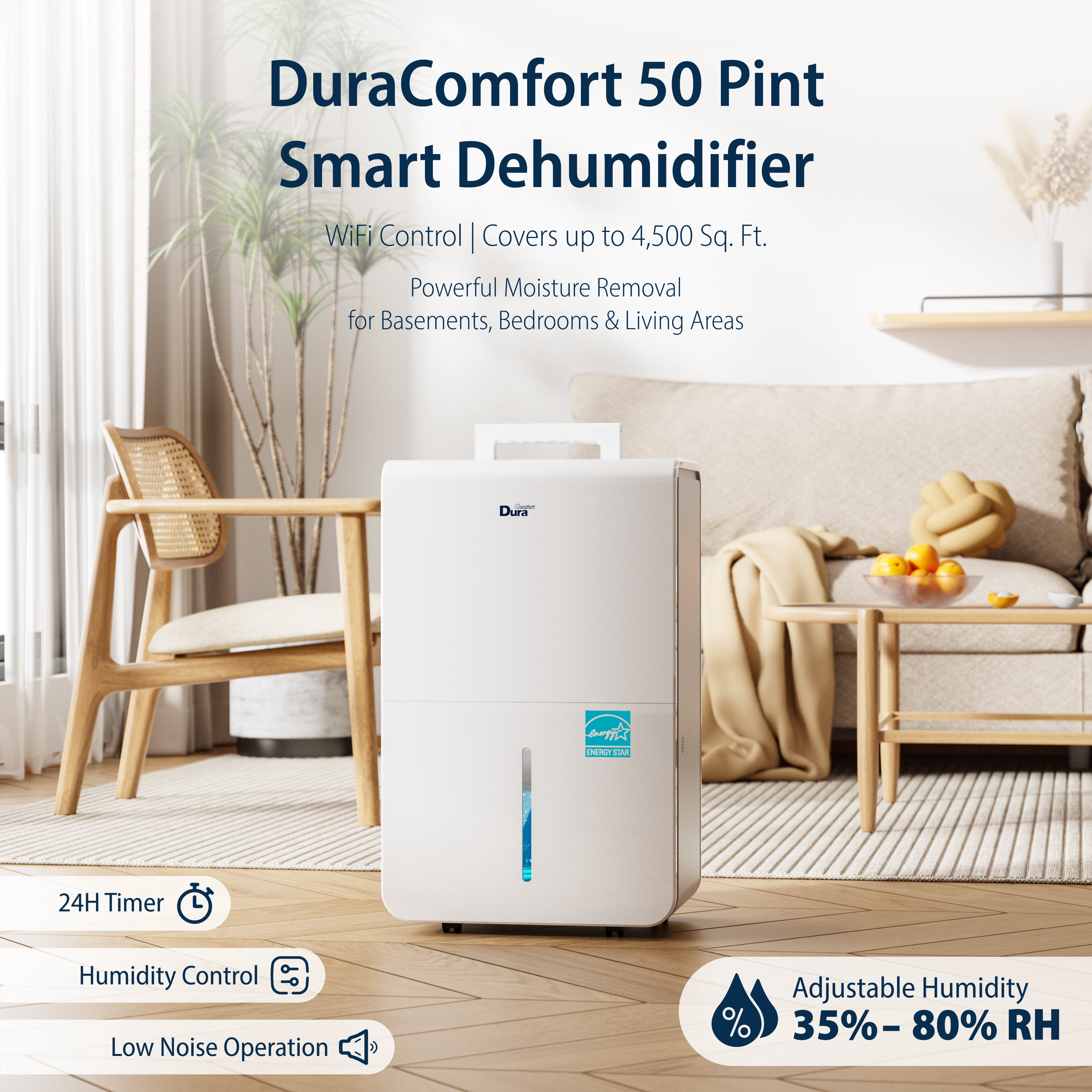 DuraComfort Dehumidifier for Basement Home with Pump,4500 Sq.ft 50 Pints With WiFi