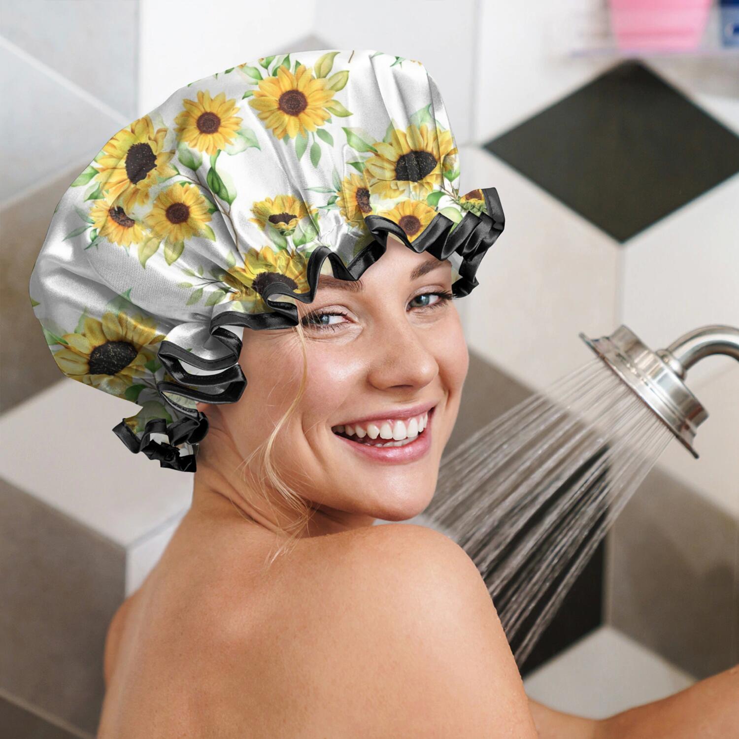 Shower Caps,White Green Leaf Sunflower Pattern Waterproof Shower Cap for Women 4 Pieces,Double Reusable Hair Cover for Shower PEVA Elastic Stretch Hem