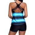 thumbnail image 4 of Traje de baño de dos piezas a la moda para mujer, tankini con estampado de bloques de color en la espalda cruzada y pantalones cortos, 4 of 5