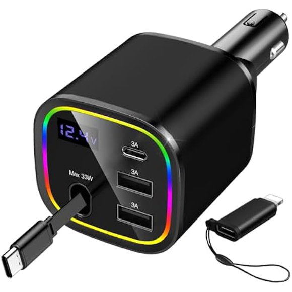 AoVoTo Car Charger USB C, 4in1 Car Phone Charger with USBC Retractable Cable for iPhone Android Fast Charge, 78W Cigarette Lighter Adapter with Voltage Display, 12V/24V Car Accessories Gift (Black)