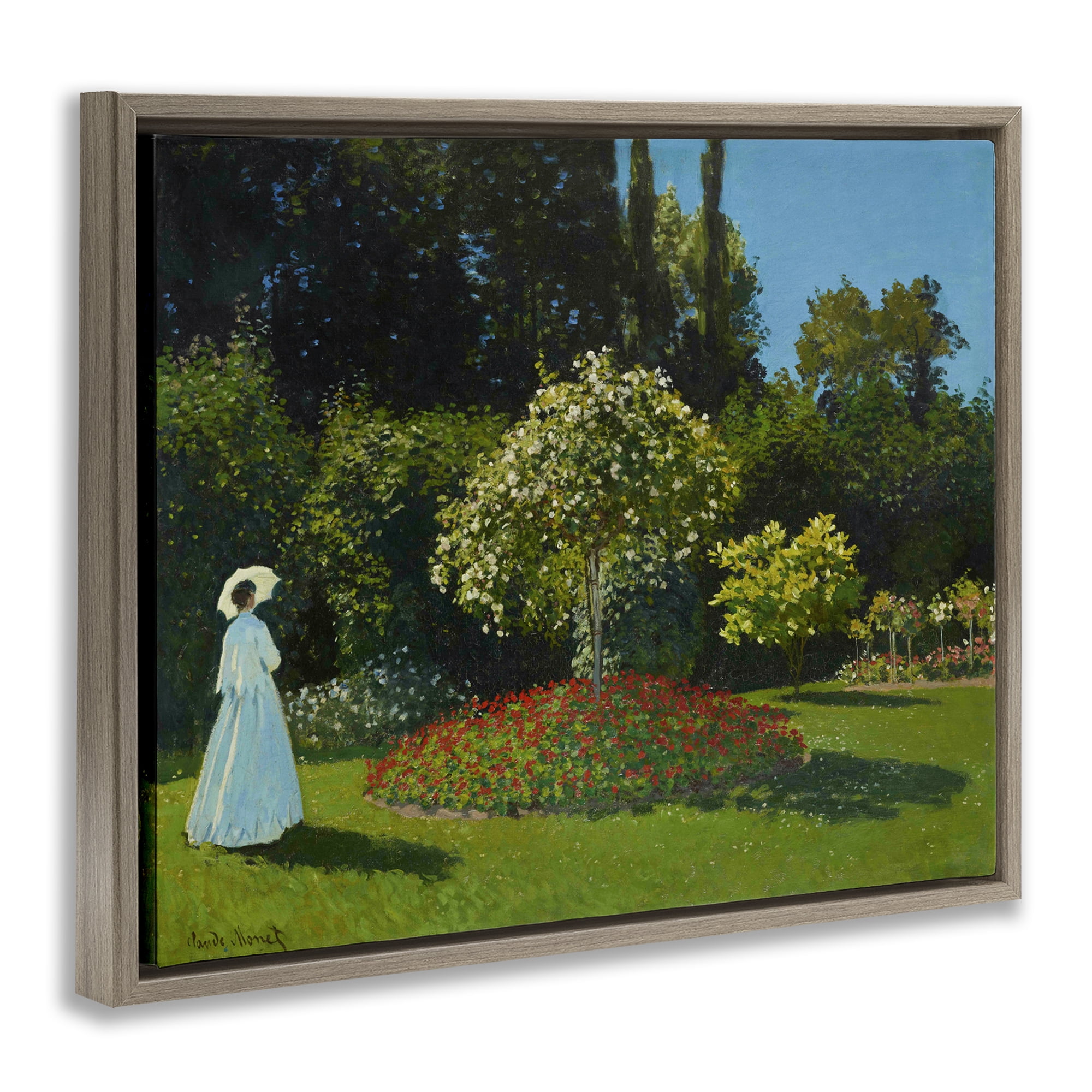 Stupell Industries Classic Monet Lady in Garden Landscape & Nature Painting Brown Floater Framed Canvas Art Print Wall Art, 21 x 17