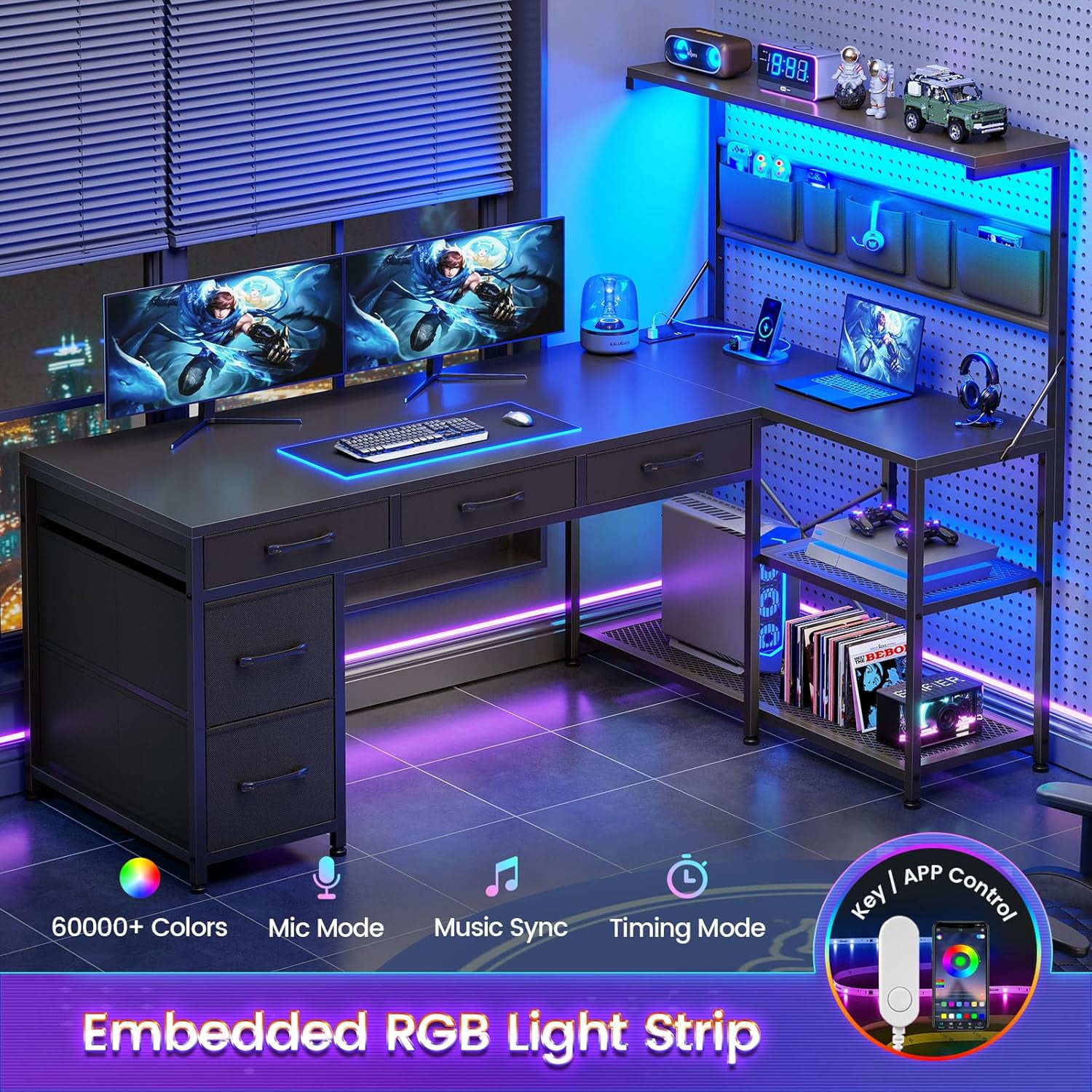 47" L Shaped Desk with 5 Drawers & Hutch, Reversible Gaming Desk with LED Lights & Outlets, Computer Desk with Open Shelves & Storage Bag for CPU, Books etc for Home Office, Space Saving, Black