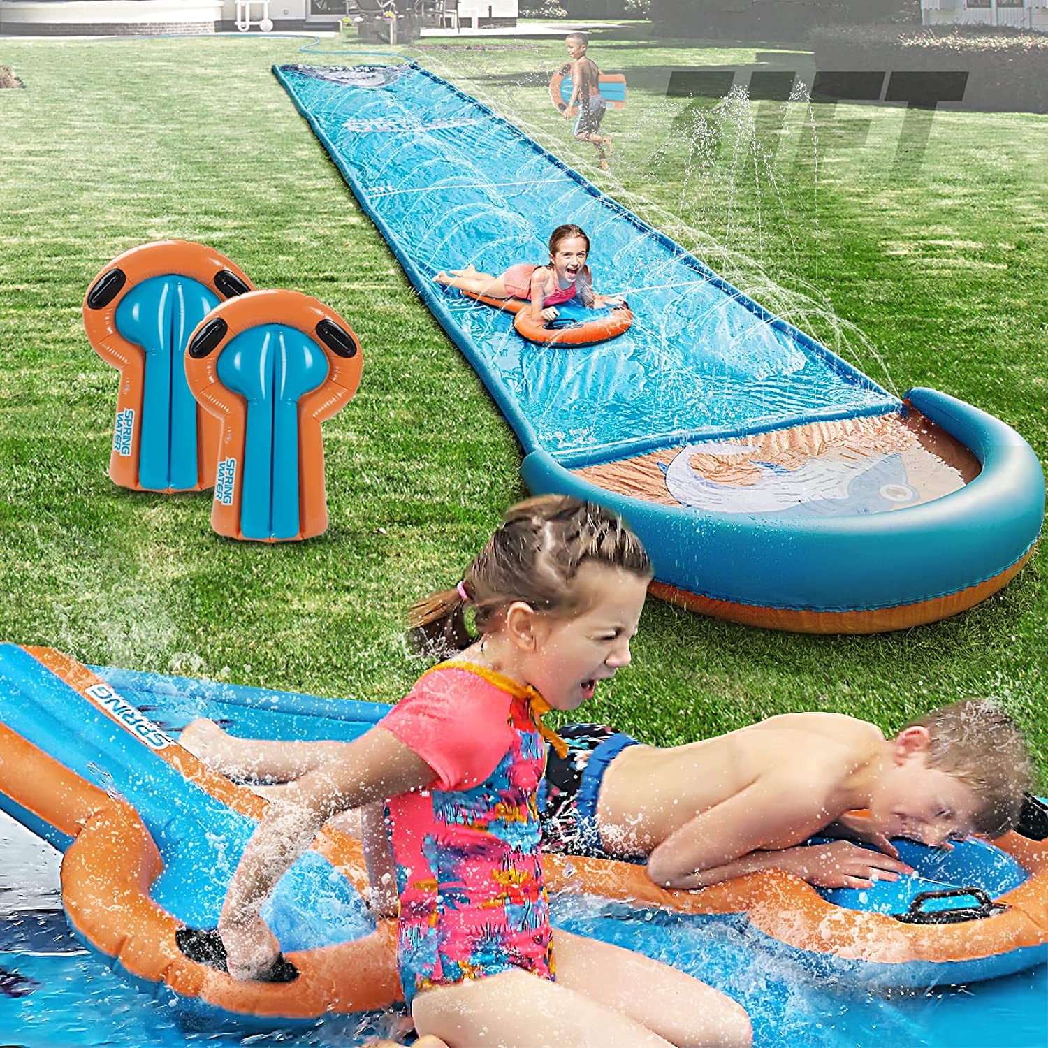 31ft Racing Slip with 2 Bodyboards Spring Water Slip Lawn Water Slide Water Slide for Kids and Adults Backyard with Water Sprayer in Both Side 