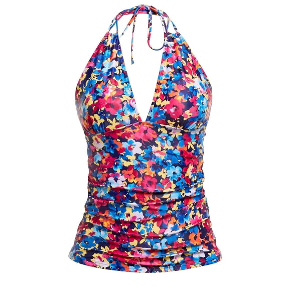 Halter Tankini Tops for Women V Neck Bathing Suit Summer Beach Bikini Full Coverage Swimsuits Tops No Bottoms Blue L