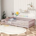 thumbnail image 2 of Twin Size Floor Bed with Door and Fence, UHOMEPRO Montessori Floor Bed with Slats and Safety Guardrails, Solid Wood Twin Bed Frame for Bedroom, Pink, 2 of 13