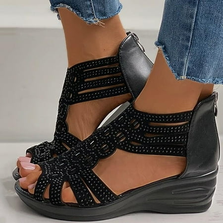 

Follure Fashion Summer Women Sandals Fish Mouth Open Toe Wedge Heel Hollow Rhinestone Casual
