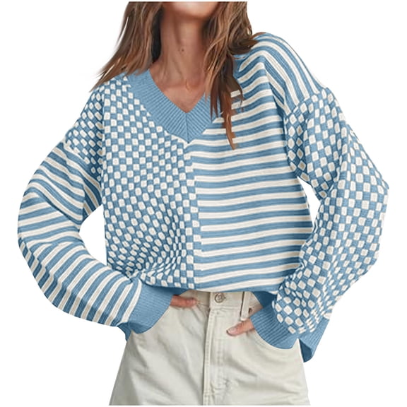 UAMVSH Women's Striped Plaid Sweaters Trendy V Neck Fall Sweaters Tops Oversized Knitted Printed Pullover Casual Long Sleeve Outfits(X-Large,Light Blue 1)