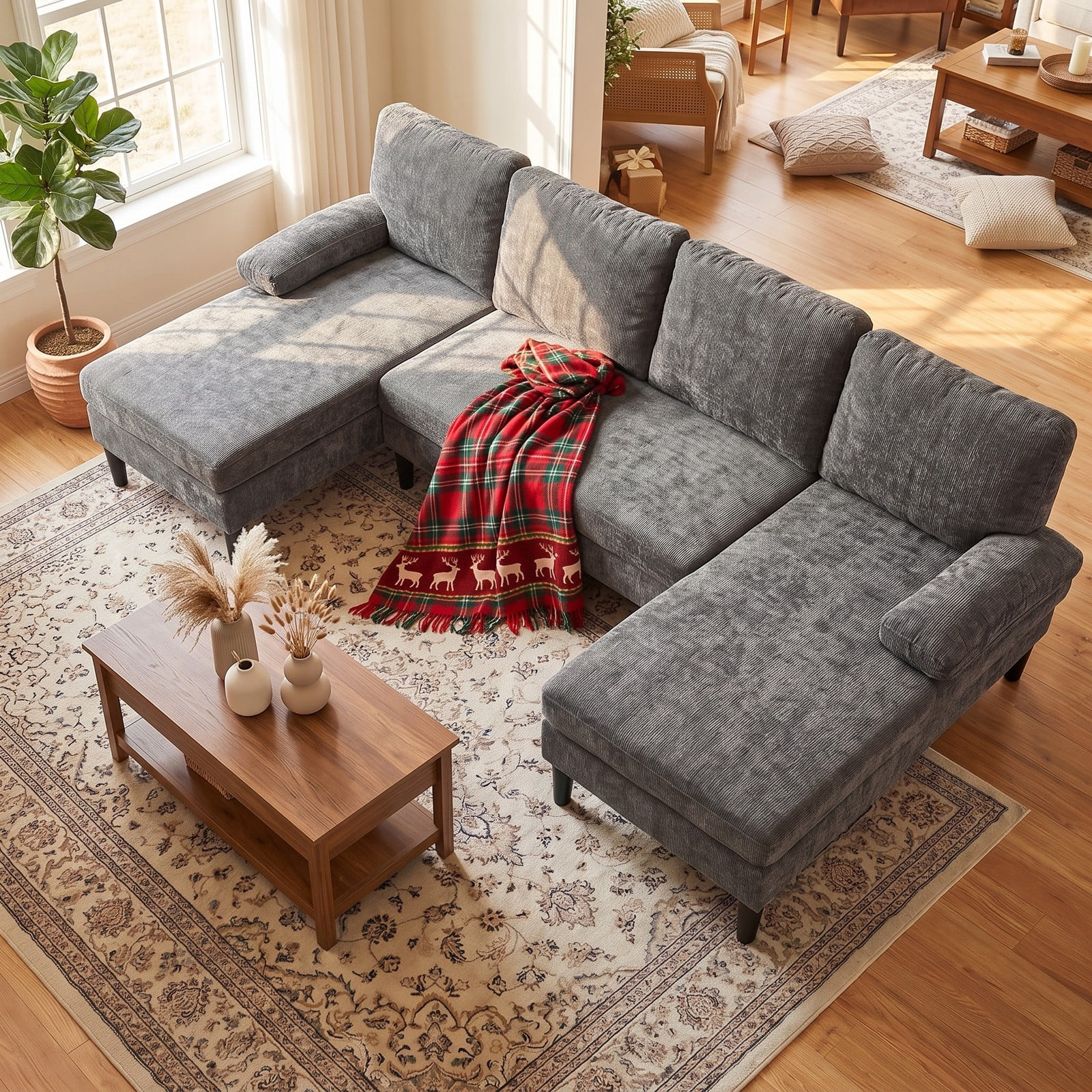 Furnibear U-Shaped Sectional Sofa Couch with Double Chaise Lounge, Modern Chenille Upholstered Modular Deep Seat Sectional Set for Living Room Apartment, Holds, Gray