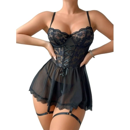 SkyAuks Babydoll Dress for Women  See Through Lingerie  Sexy Floral Lace NightDress Mesh Sheer Nightwear Embroidery Lace Babydoll for Women  Black(M)