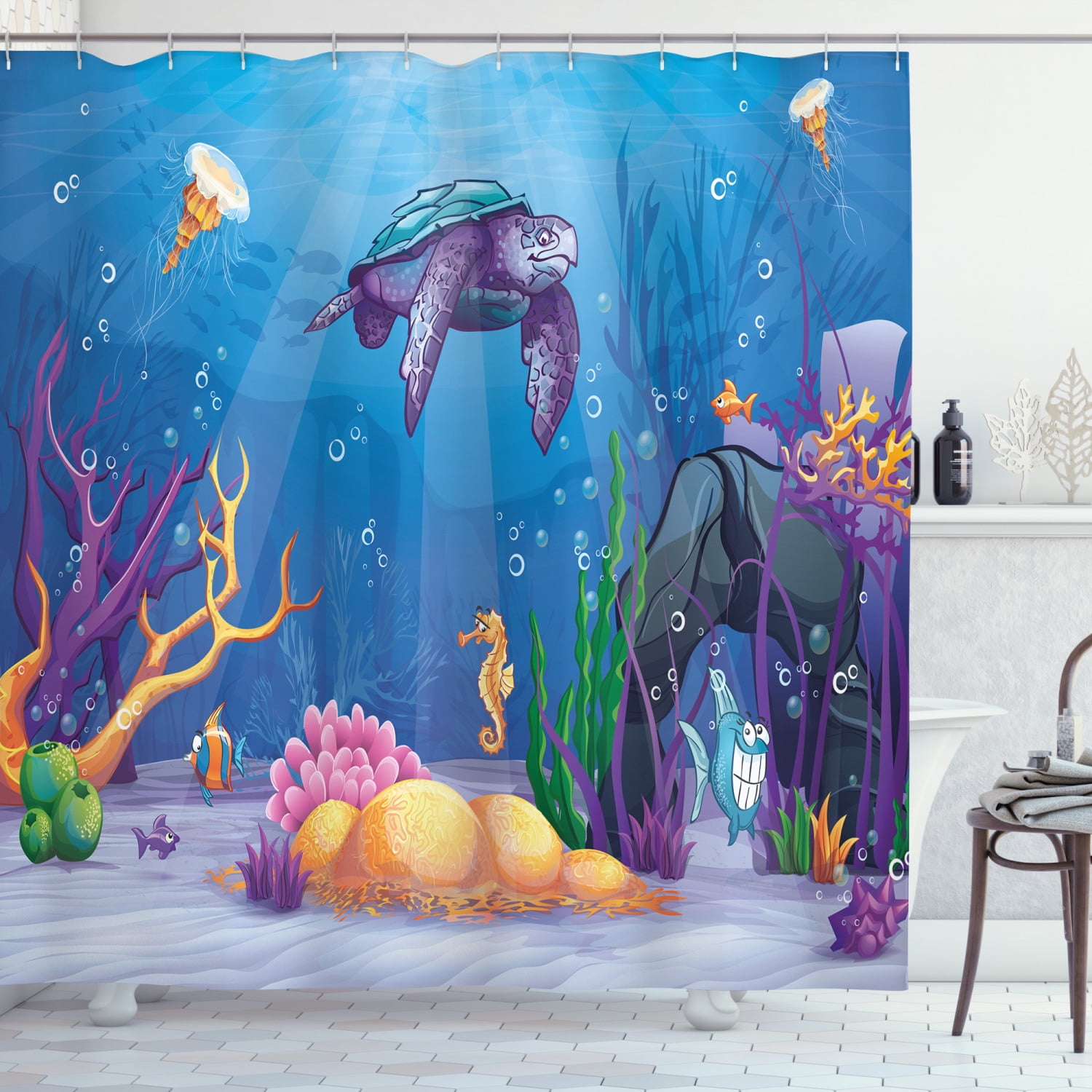 72x72" Fabric Shower Curtain Set Undersea World Magic Glowing Jellyfish Seahorse 