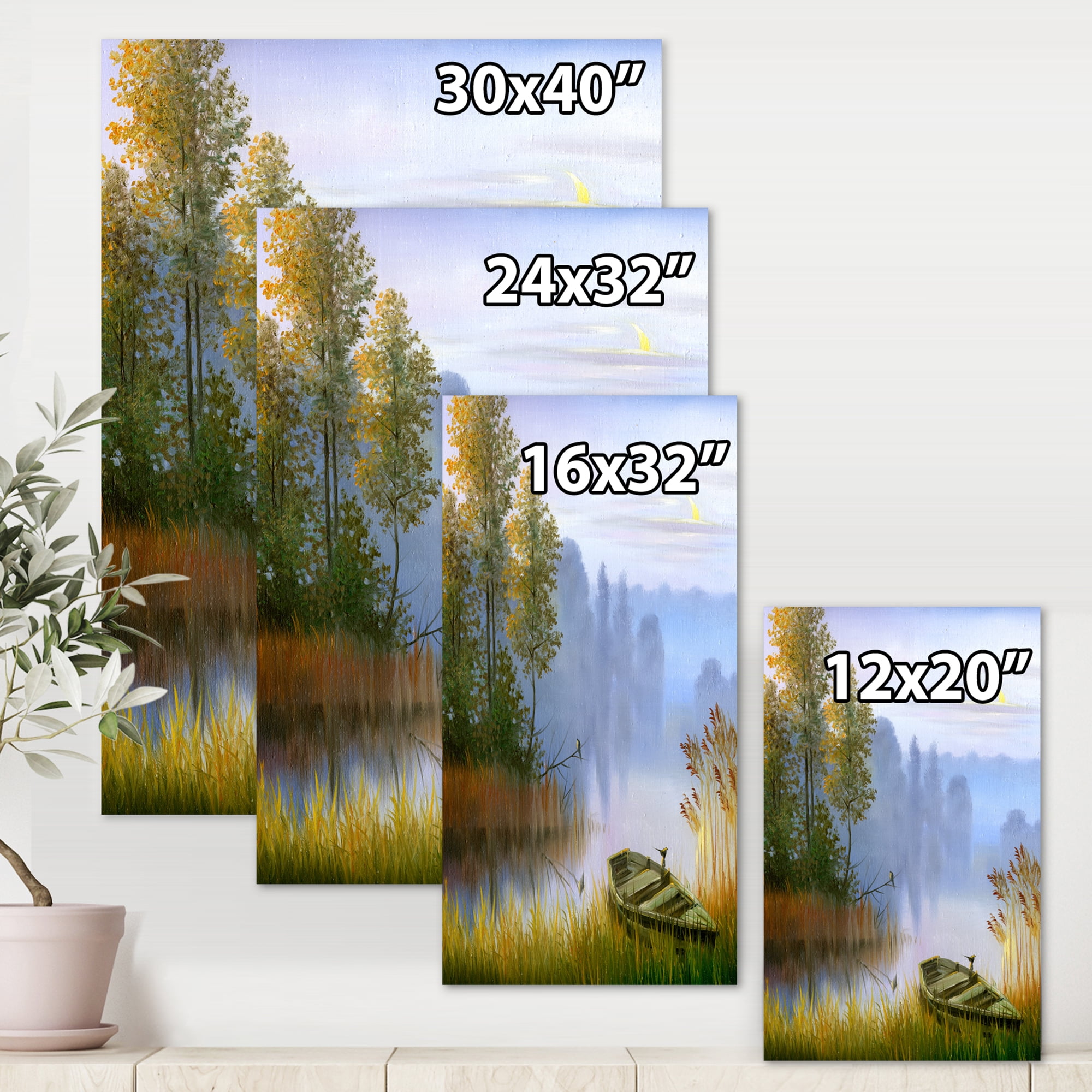 Designart ' The Bank Of The Lake With The Boat ' Traditional Canvas Wall Art Print