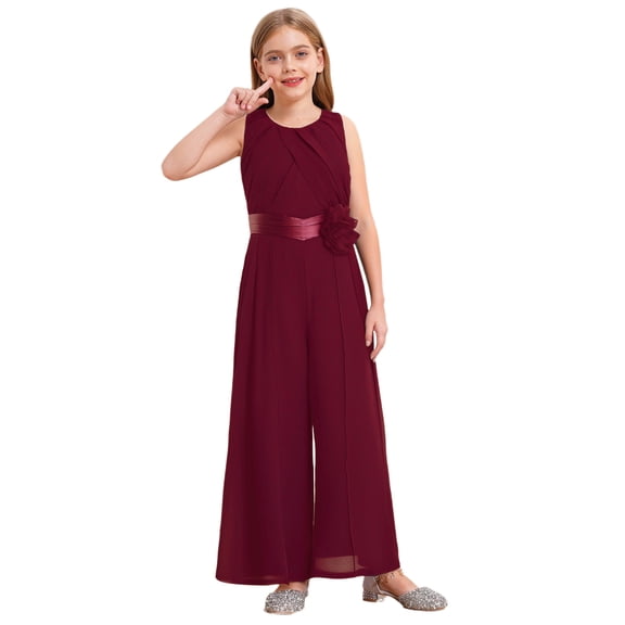 Raenseen Kids Flower Girls Ruffled Chiffon Jumpsuit Sleeveless High Waist Wide Leg Long Pants Romper Burgundy 14