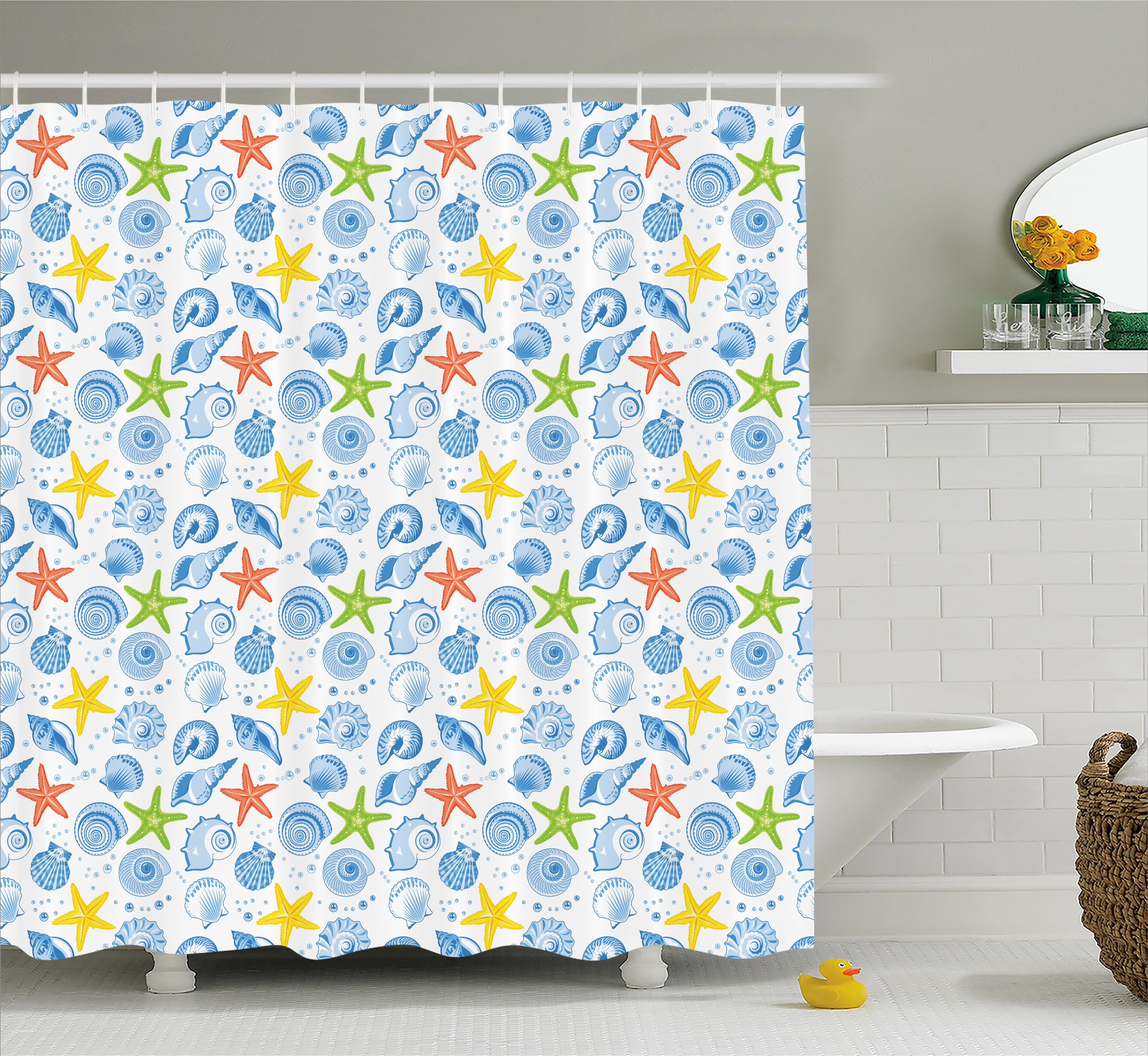 Nautical Shower Curtain, Marine Themed Starfish Mollusk Coral Reef ...