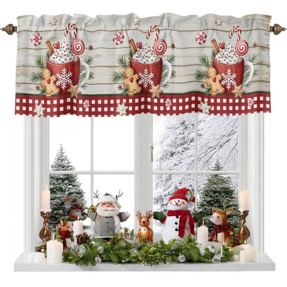 Valances for Windows Christmas Gingerbread Man on Wooden Rod Pocket Short Curtain for Bathroom Living Room Bedroom Xmas Red Plaid Snowflake 1 Panel 54x18in