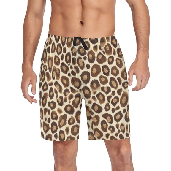 Men’s Sleep Shorts Relaxed Fit Lounge Pants with Pockets Mens Pajama Loungewear Home Wear Comfort Brown Leopard Print Pattern Small