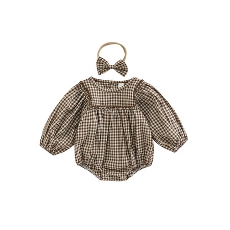 

COUTEXYI Baby Girl’s Long Sleeve Romper Headband Fashion Plaid Printed Round Neck Stitching Bodysuit