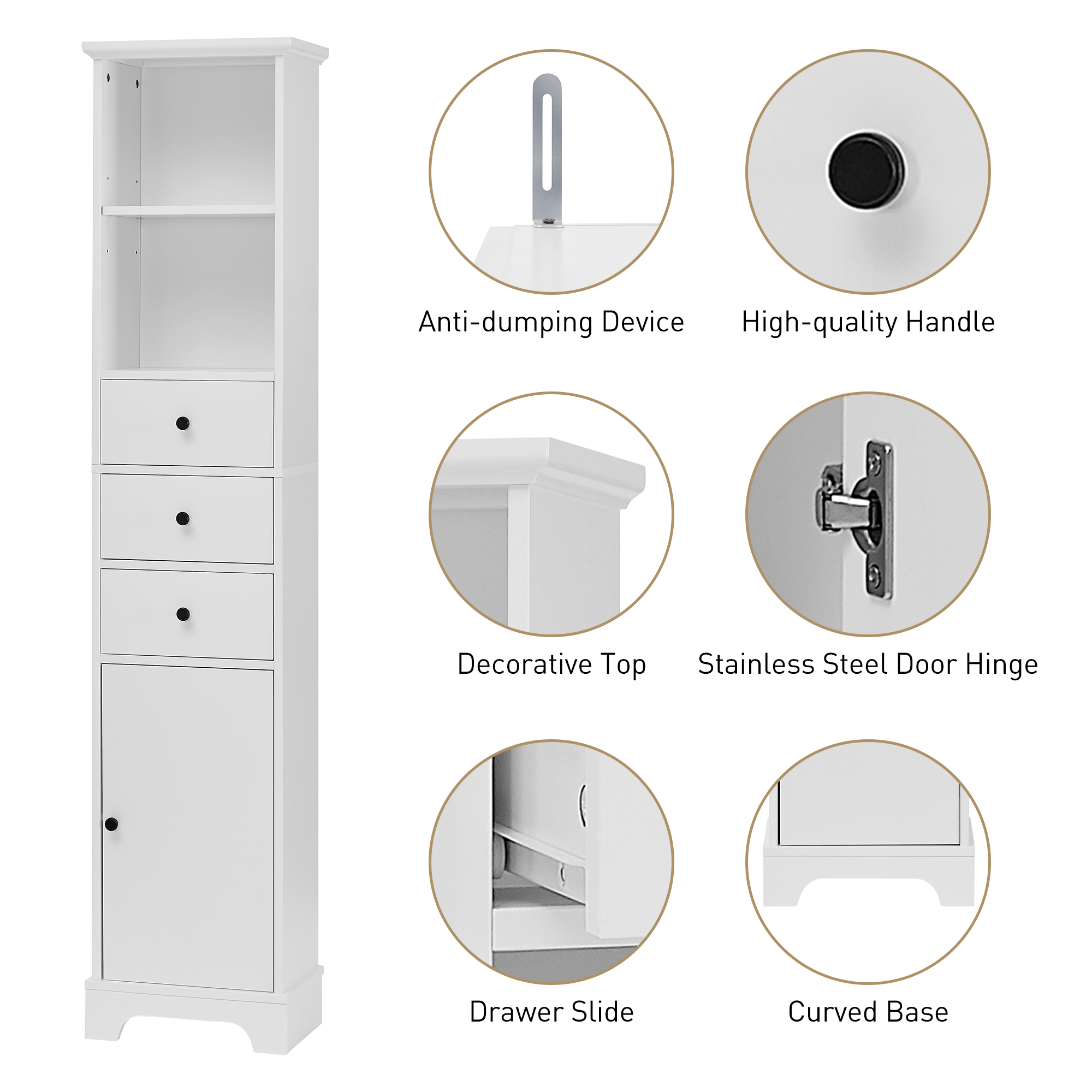 EUROCO Bathroom Storage Cabinet,Wood Linen Cabinet, Narrow Tall Cabinet Storage Tower with Adjustable Shlef,Door and 3 Drawers,Painted Finish, White