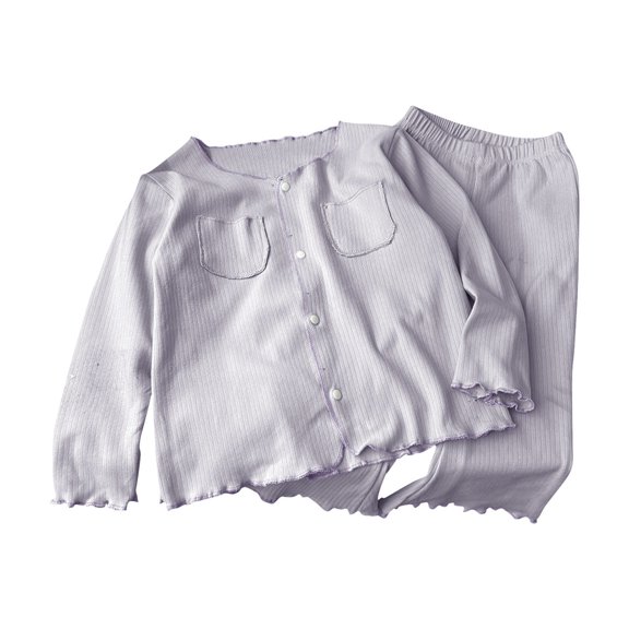 TIREOW Girls Knit Loungewear Set Ruffled Trim Long Sleeve Button Down Top and Matching Pants Lightweight Sleepwear 2 Piece Set