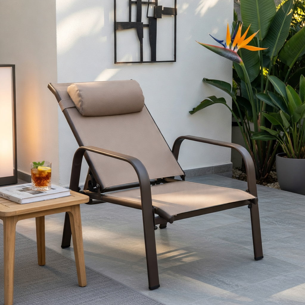 Hommoo 3-Piece Outdoor Bistro Set, Stackable Steel Chairs with Adjustable Backrest & Headrest, Tempered Glass Table, Brown