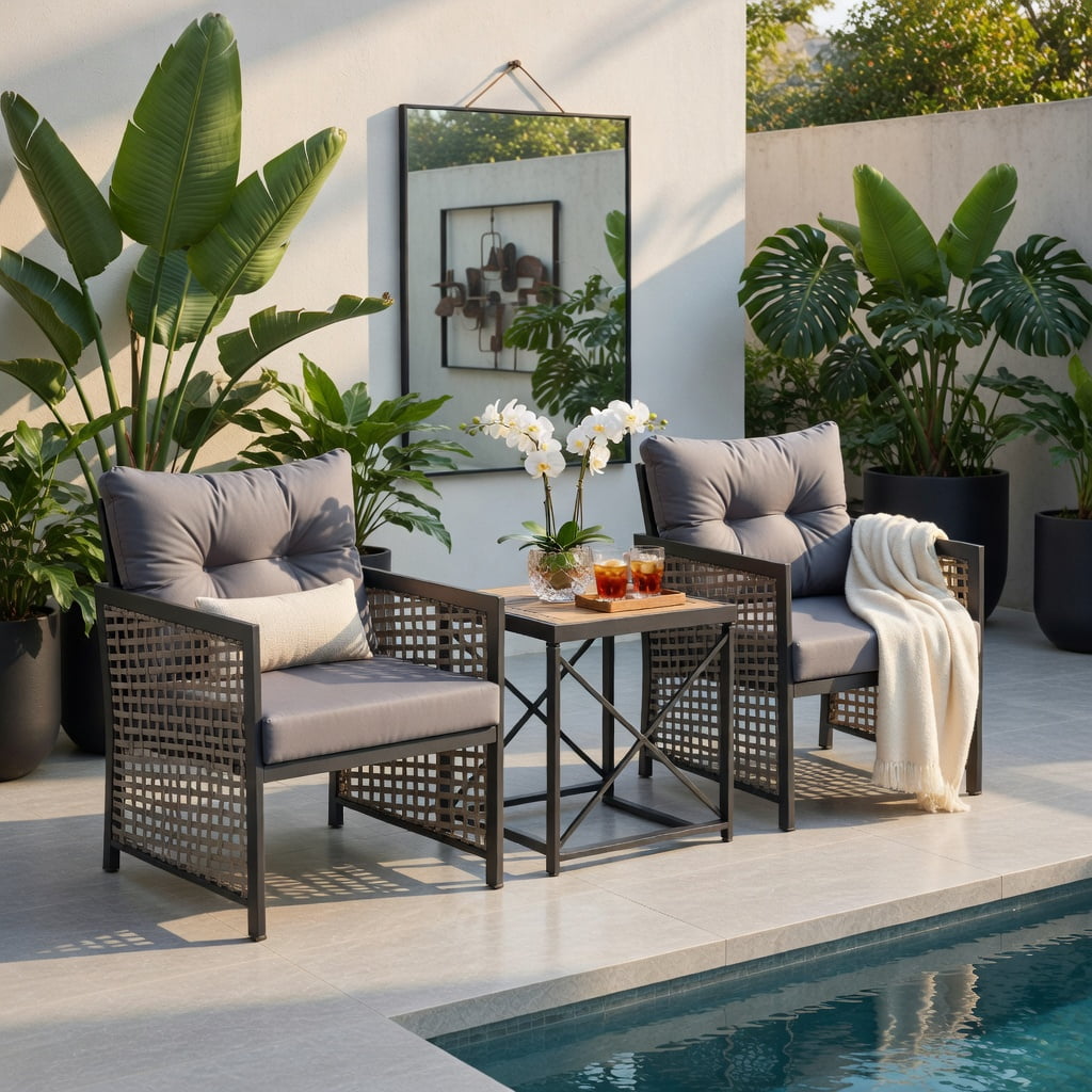 Hommoo 3-Piece Outdoor Rattan Patio Furniture Set – 2 Armchairs + Coffee Table with Acacia Wood Top, Rust-Resistant Black Metal Frame, Gray