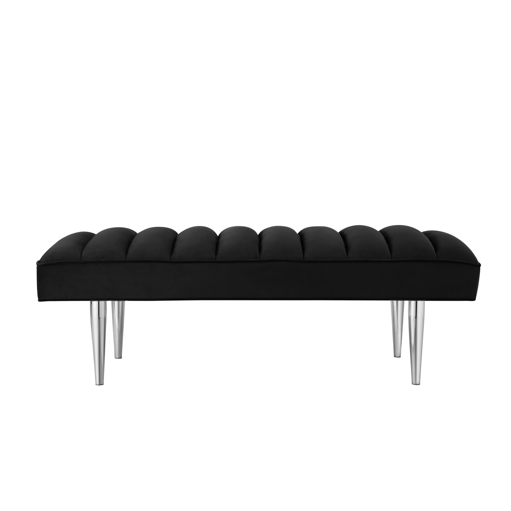 Bodie Black/Chrome Velvet Bench - Upholstered, Channel Tufted, Tapered Mirrorred Lacquer Finish Stainless Steel Legs