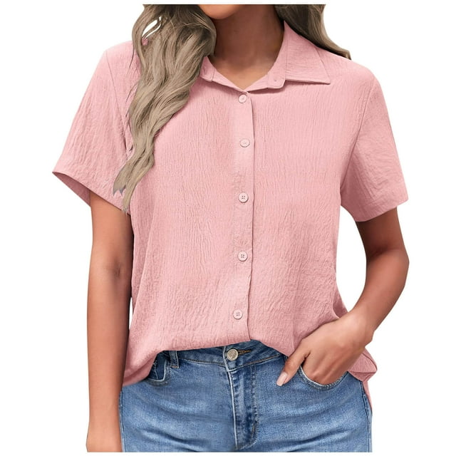 Tumotour Cotton And Linen For Womens Short Sleeve Button Down Shirts Summer Casual Collared V Neck Blouse Linen Loose Work Tops