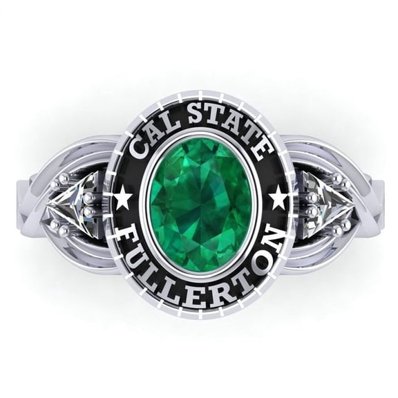 Custom Cal State Fullerton Ring Personalized Academic Design Inside Engraving Green Oval Stone Clear Accents 925 Sterling Silver