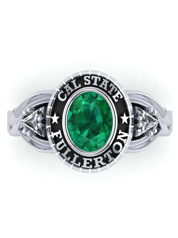 Custom Cal State Fullerton Ring Personalized Academic Design Inside Engraving Green Oval Stone Clear Accents 925 Sterling Silver