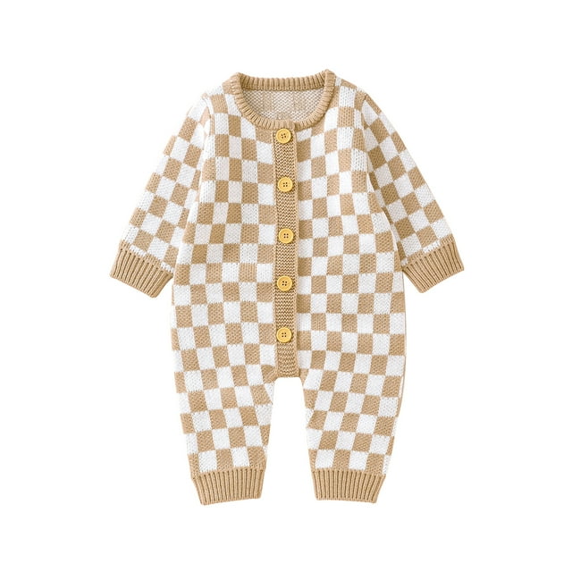 Nituyy Baby Girl Boy Knitted Jumpsuit, Checkerboard Round Neck Long Sleeve Button Up Rompers, 0-24 Months