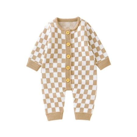 

Baby Girl Boy Knitted Jumpsuit Checkerboard Round Neck Long Sleeve Button Up Rompers for Toddlers 0-24 Months