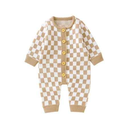 

Baby Girl Boy Jumpsuit Checkerboard Long Sleeve Button Up Rompers