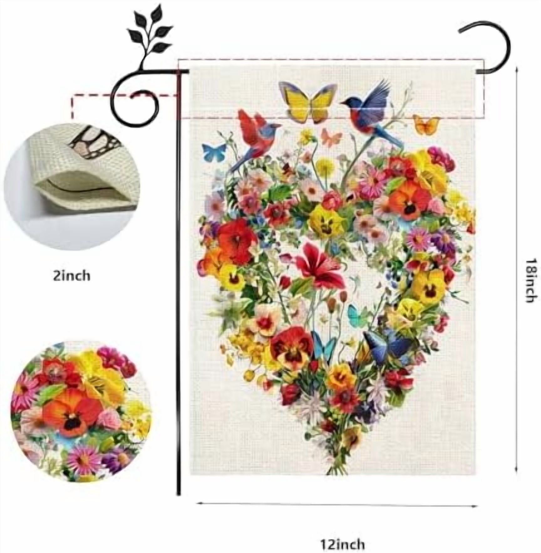Spring Summer Birds Flowers Butterflies Garden Flag for Outside, Colorful Floral Love Hearts Outdoor Yard Flag 12x18 Inch Double Sided Burlap