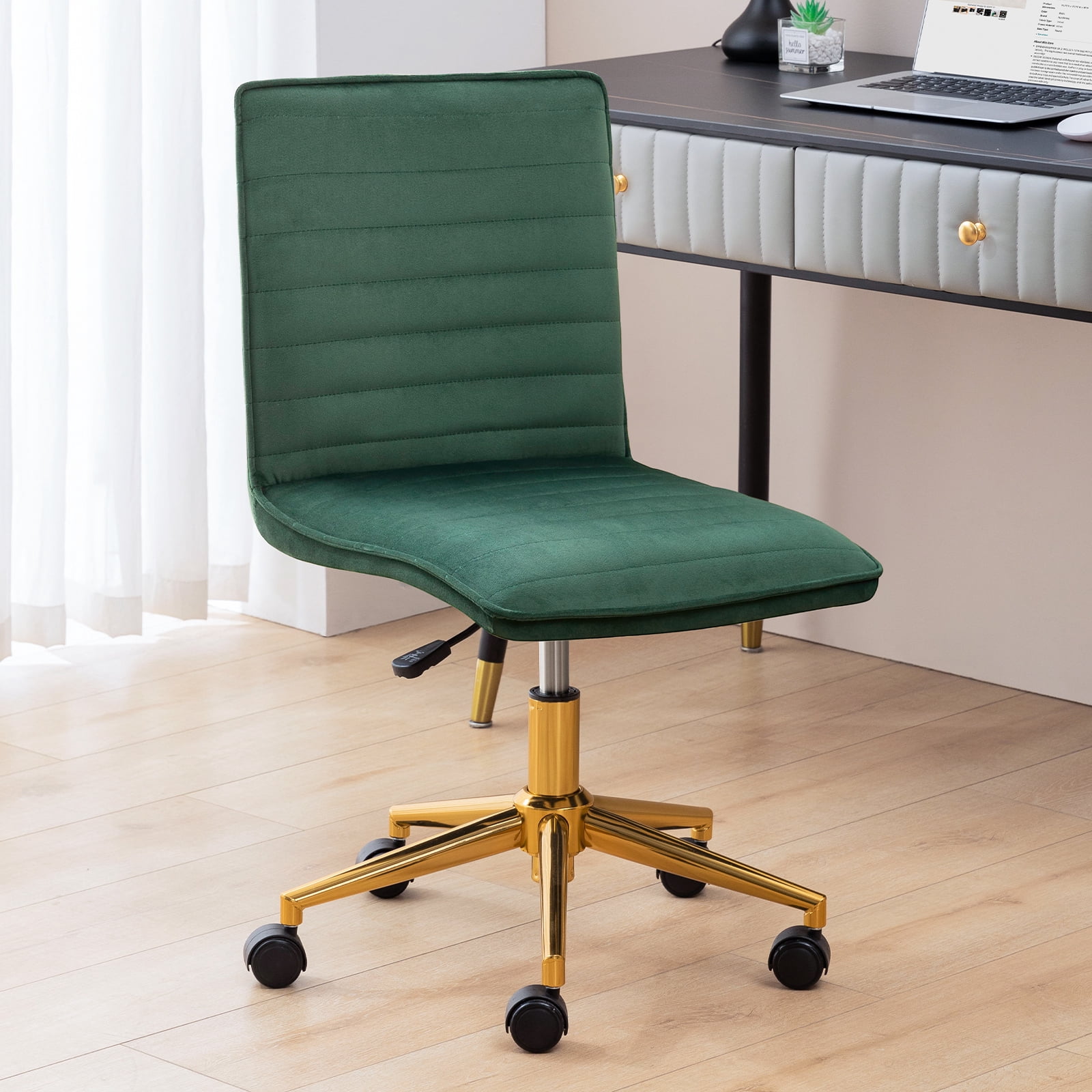 Furniliving Velvet Armless Mid-Back  Task Chair Swivel Office Chair Rolling Computer Chair Adjustable Vanity Chair, Dark Green