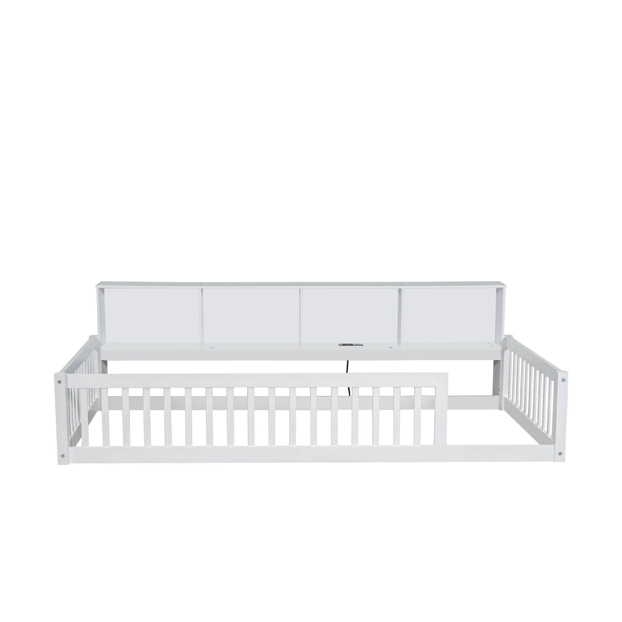 Euroco Wood Twin XL Floor Bed, Low Profile Daybed with Storage Shelves and USB Charging Station, White