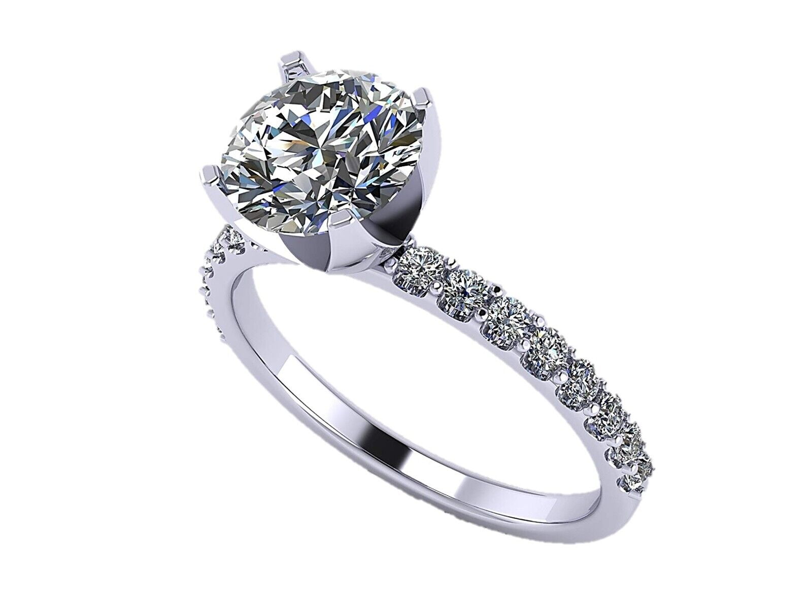 Round Cut Zirconia Solitaire W/ Side CZs Engagement Ring 8.0mm (2.00ct)  10K White Gold Size 9.5
