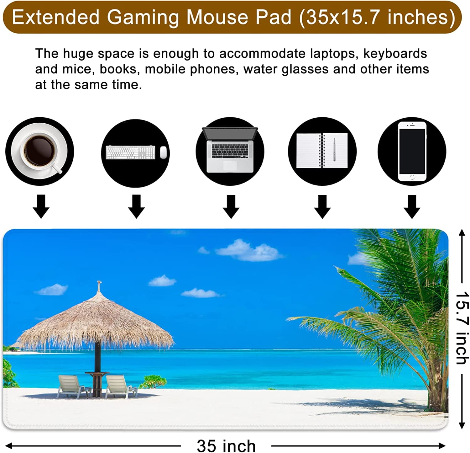 Beach Gaming Mouse Pad XXL Large Mouse Pad 35x15.7x0.12 inch Extra Large Mouse Pad Ocean Theme Blue Mouse Pad (Beach Ocean -4)