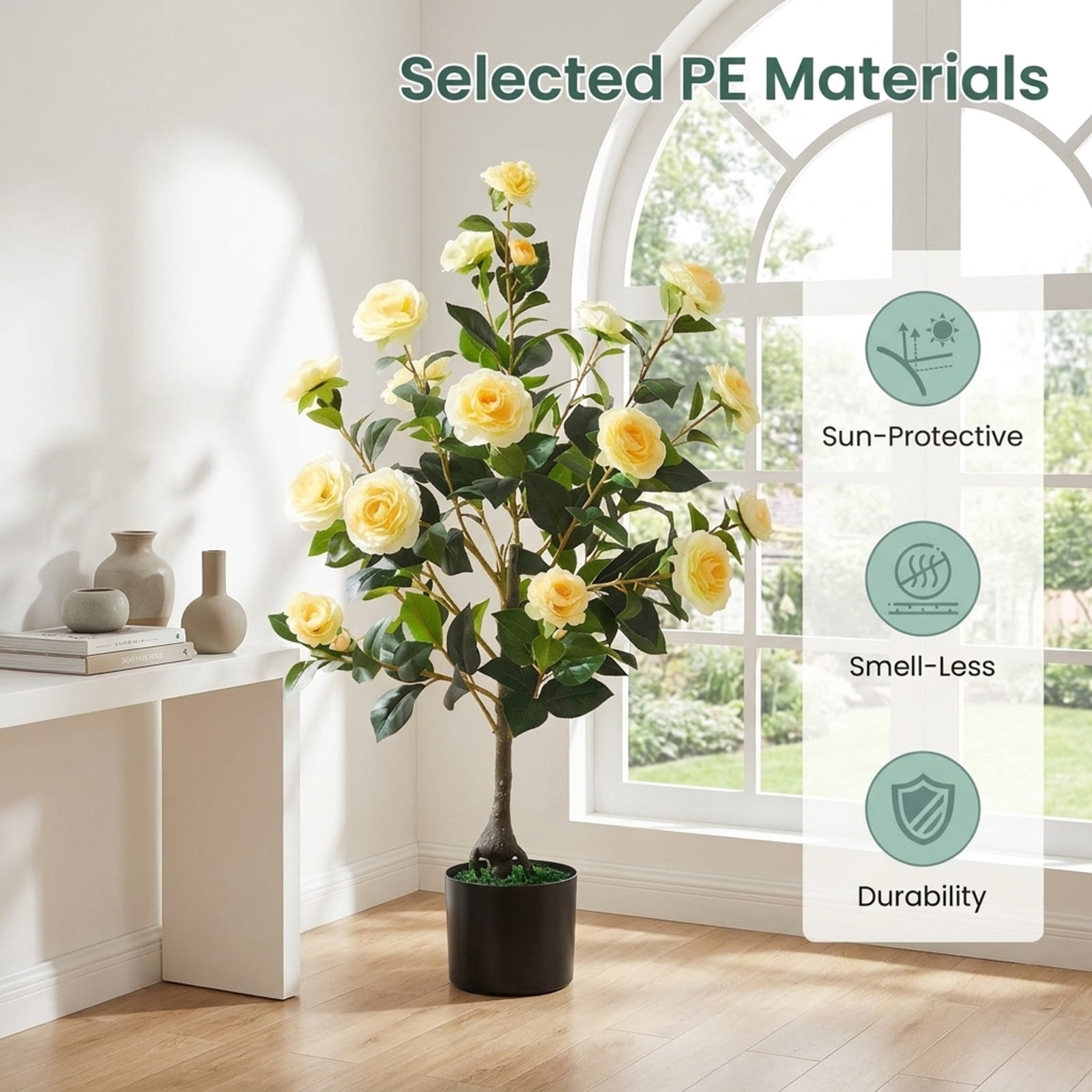 Vebreda Artificial Plant Decor, Artificial Camellia Tree Faux Flower Plant in Cement-Filled Pot, Lifelike & Elegant Design, Selected PE Materials