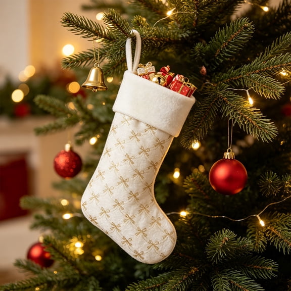 Velvet Christmas Stocking White Holiday Decor with Gold Glitter Ornament for Fireplace Mantel Tree Hanging