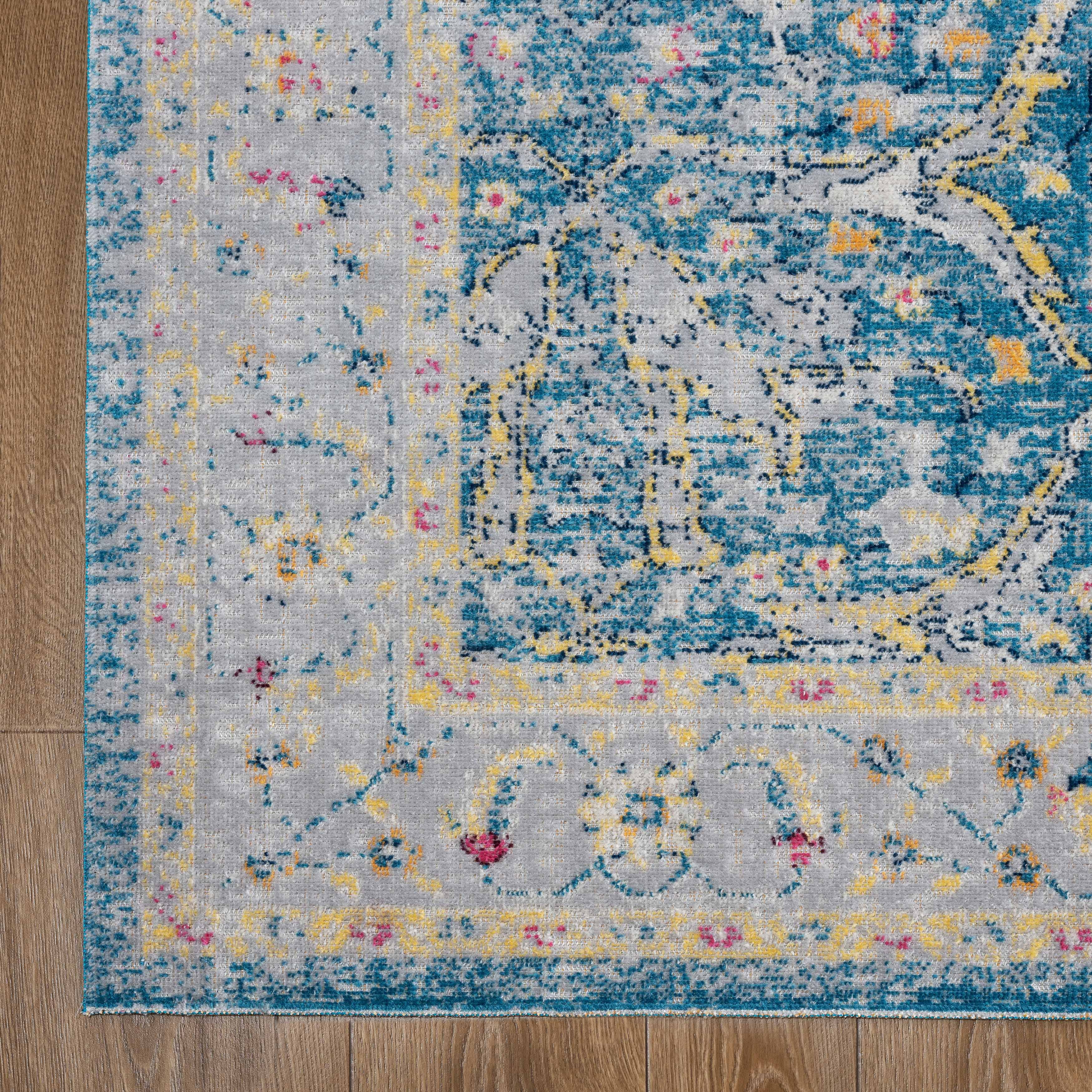Ox Bay Blake 5'3" x 7'10" Blue/Gray Bordered Floral Durable Performance Indoor/Outdoor Area Rug