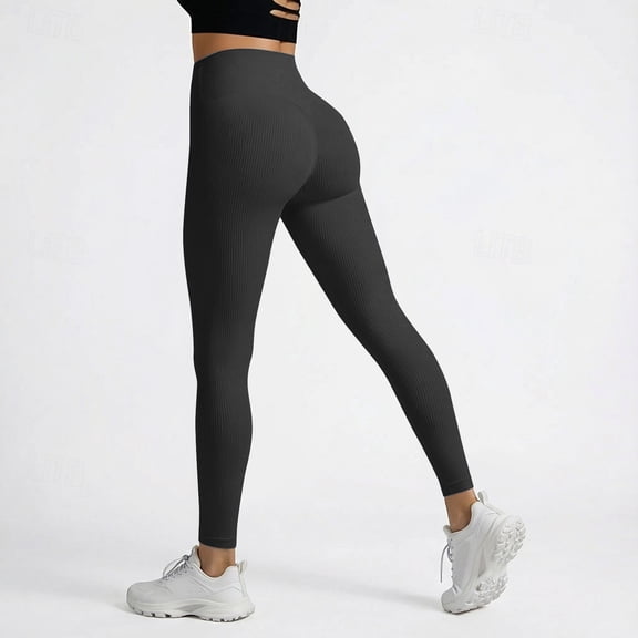 Cagogo Women Plus Size High Waisted Ribbed Leggings Sport Fit Long Pants Tummy Control Yoga Workout Gym Activewear Running Lounge Trousers, Black 2XL