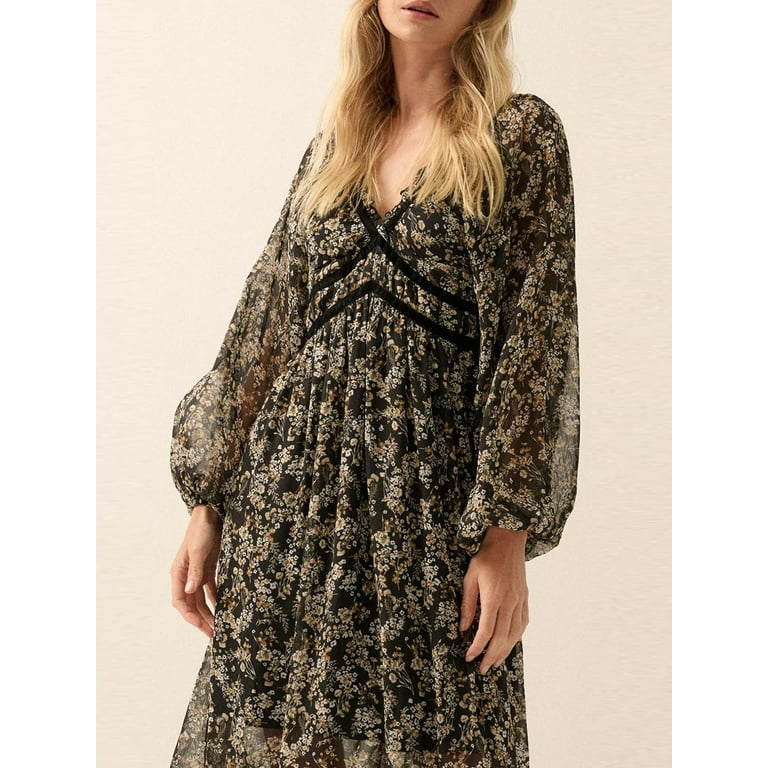 Chiffon Bell Sleeve V Neck High Waist Maxi Floral Dresses Chiffon Bell Sleeve V Neck High Waist Maxi Floral Dresses