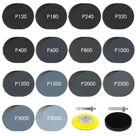 140Pcs 3 Inch Wet Dry Sanding Disc Assorted 120 to 5000 Grit Silicon Carbide Hook and Loop Sandpaper with 1/4" Shank Sanding Pad and Foam Buffering Pad for Wood Metal Car Polishing and Finishing