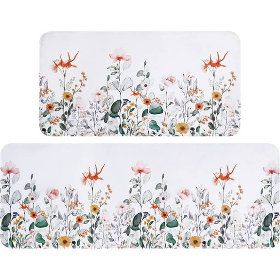Cushioned Anti Fatigue Kitchen Mats for Floor, Spring Floral Kitchen Rug Mat, Flowers Kitchen Rugs and Runners Non Skid Washable, PVC Kitchen Sink Mat Set 2 Piece, 18'''' x 48'''' 18'''' x 30''''