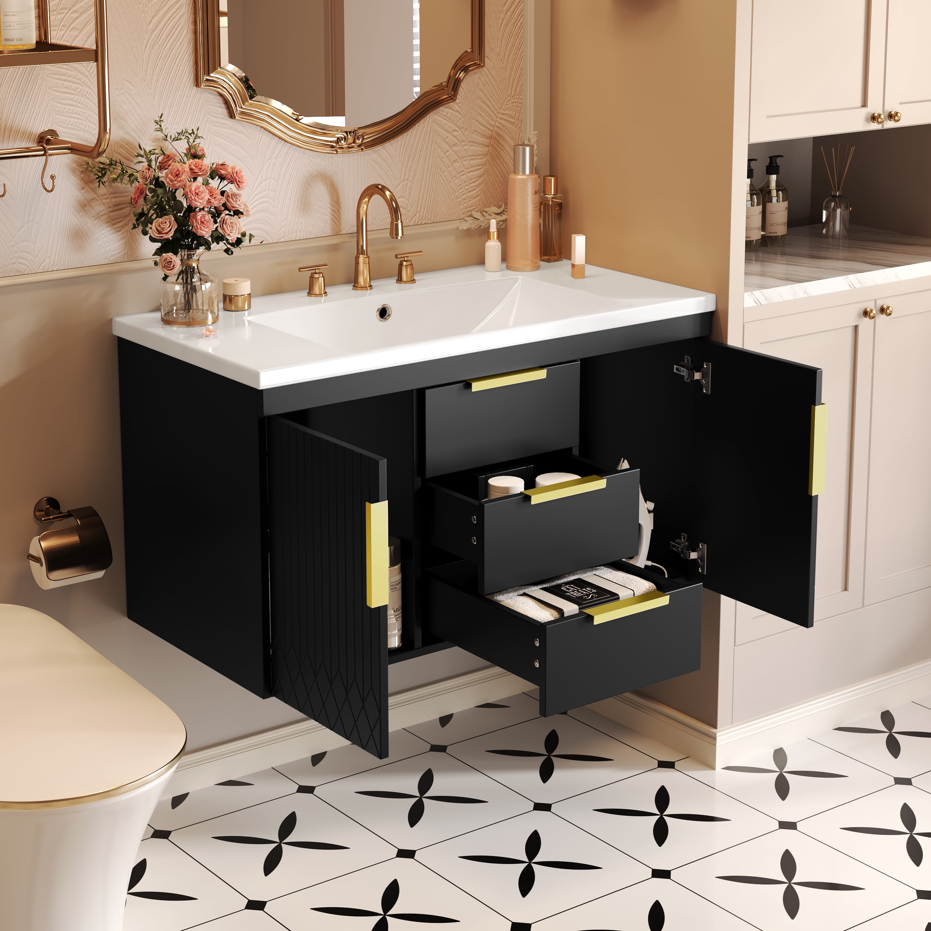 Euroco 36-Inch Wall-Mounted Bathroom Vanity with Resin Sink – Modern Floating Cabinet with Soft-Close Doors and High-Quality Construction