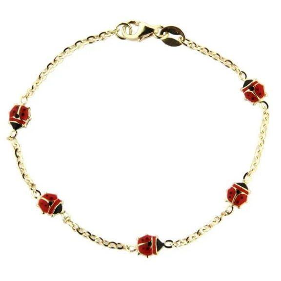 18K Solid Yellow Gold Red Enamel Lady Bug in line Bracelet.