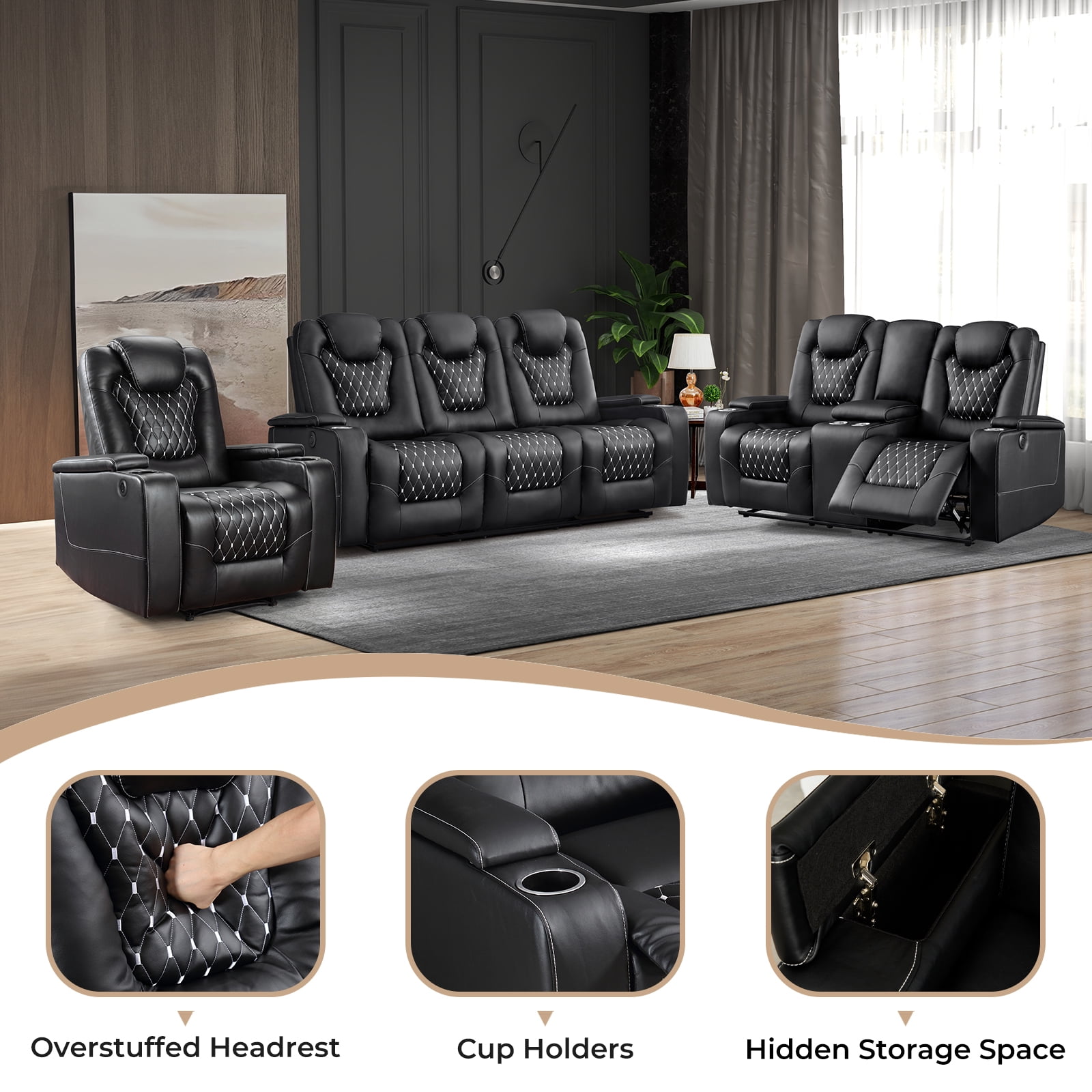 Bonzy Home Electric Power Recliner Chairs Sofa Set Theater Seating with Console Living Room Furniture Set, Cup Holders, Hidden Arm Storage, USB Ports Black