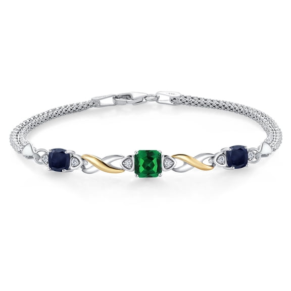 925 Silver and 10K Yellow Gold Green Nano Emerald and Blue Sapphire and White Lab Grown Diamond Bracelet for Women (2.49 Cttw, Gemstone May Birthstone, Cushion 6MM, 6.5 inches, Made in Italy)