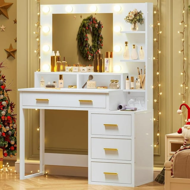 Zocalo Tocador con 10 Luces LED y 3 Modos | Espejo Grande con Regleta USB | Incluye Nochero y Cajones, 92x40x144 cm Blanco
