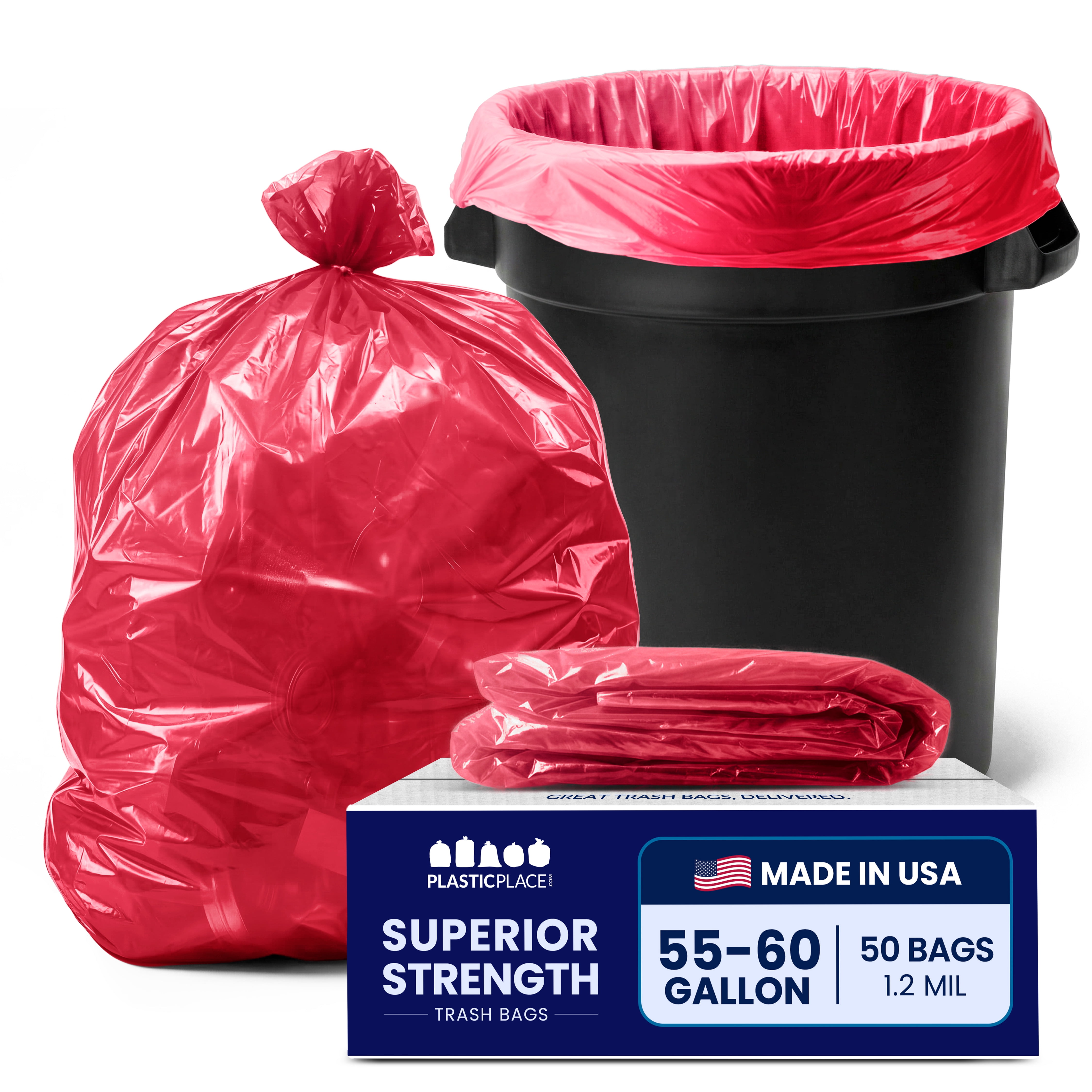 Plasticplace 55-60 Gallon Trash Bags │ 1.2 Mil │ Red Heavy Duty Garbage Can Liners │ 38” x 58” (50 Count)